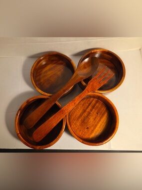 Wooden Serving Bowl Set of 4 with Spoon and Fork